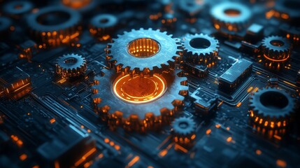A realistic line art illustration featuring gears on a blue background, symbolizing mechanical engineering, innovation, and technology with precise and intricate design details.