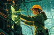 © HO - A powerful concept illustration of a female engineer working on a futuristic energy grid, symbolizing the future of green technology