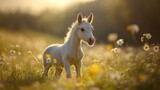 White Foal in a Field of Daisies at Sunset