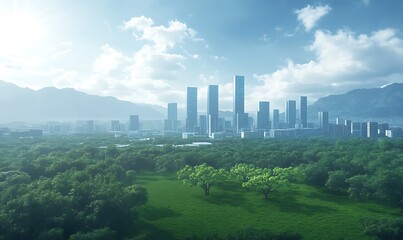 Poster - Futuristic business district concept image featuring innovative architecture and energy-efficient design.