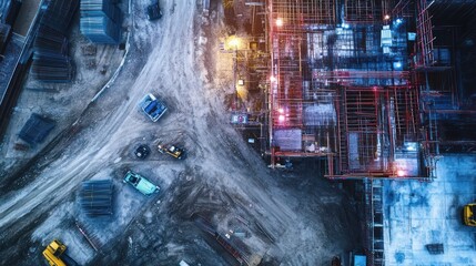 Aufkleber - Aerial view of a construction site at night, showing machinery and building structures under construction.