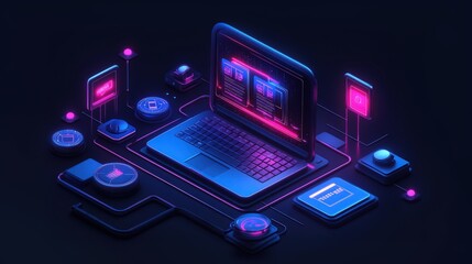 Futuristic laptop with glowing digital interface features innovative cyber network connections. Digital device and virtual system highlight modern technology. Cyber concept for high digital