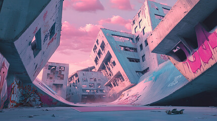 An abstract urban art piece featuring a concrete skate park surrounded by box-shaped buildings