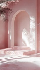 Poster - pink arched room with shadows and palm leaf display