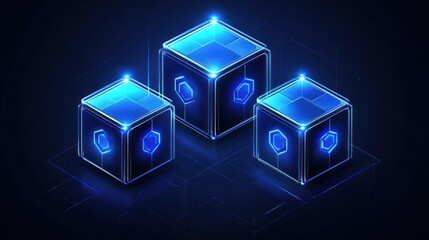 Wall Mural - Three glowing blue cubes representing data storage or blockchain technology.