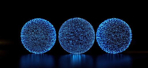 Wall Mural - Three glowing blue spheres on dark background.