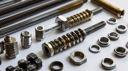Aufkleber - Assortment of various metal screws, nuts, washers, and bolts on white background.