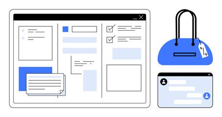 Website layout with checklists, messages, shopping bag, and chat window. Ideal for e-commerce, digital marketing, online customer service, retail user interface design web development. Line