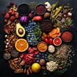 © Lui Shtein - Colorful assortment of fresh fruits, nuts, and seeds on dark background