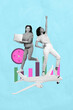 © deagreez - Poster image vertical photo collage of two happy girls stand aircraft startup business project development chart statistics laptop