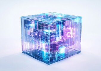 Wall Mural - Transparent cube with glowing internal circuitry.