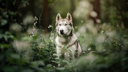 Wall Mural - Siberian Husky Relaxing in a Lush Meadow of Greenery and Flowers