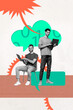 © deagreez - Vertical art creative trend collage of two happy businessmen hold laptop remote correspondence bubble speech cloud storage gears