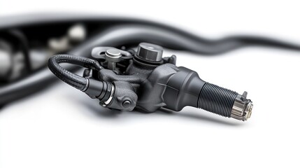 Fototapete - Close-up of a black, technologically advanced device with tubing, isolated on white.