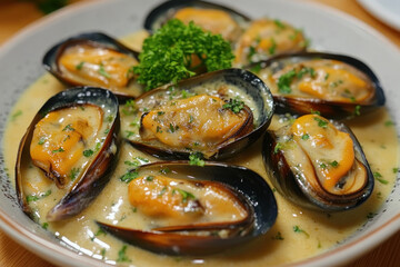 A plate of steaming clams garnished with herbs and lemon slices, resting on a rustic wooden table.