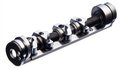 Poster - Close-up of a complex metallic mechanism with multiple interconnected components, showcasing intricate engineering design.
