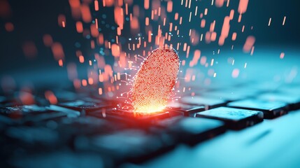 Wall Mural - a close up shot of a fingerprint glowing on a keyboard, set against a dark backdrop with cascading l