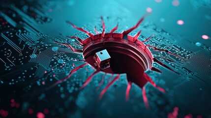 Wall Mural - a close up shot of a lock with its shackle broken, overlaid on a circuit board, representing the vul