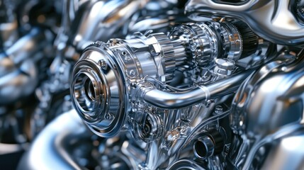 Fototapete - Close-up of a complex, polished metal engine, showcasing intricate gears, pipes, and components.