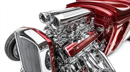 Poster - Close-up of a custom-built hot rod engine, gleaming chrome and vibrant red paint.