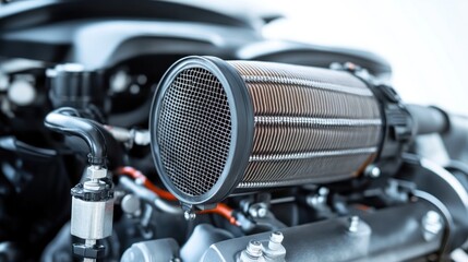 Poster - Close-up of a cylindrical engine air filter, showcasing its metallic mesh and internal structure.
