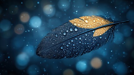 Fototapete - Close-up of a dark feather with water droplets, illuminated by bokeh lights. (1)
