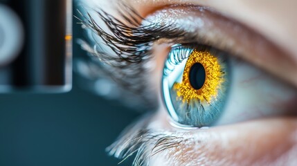 Wall Mural - a close up shot of a person eye being scanned by an iris scanner, highlighting the advanced biometri