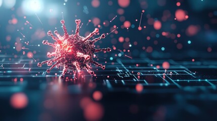 An abstract visualization of a computer system being cleaned of viruses and malware, represented by glowing particles and a healing effect.