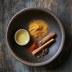 Wall Mural - Rustic bowl with turmeric, cinnamon, chili powder, and oil on wooden surface