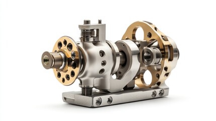 Poster - Close-up of a detailed miniature engine model with metallic components, showcasing intricate gears and mechanisms on a white background.