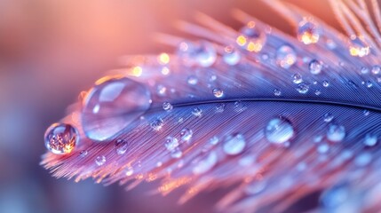 Poster - Close-up of a feather with water droplets, illuminated with warm light, showcasing delicate texture and vibrant colors.