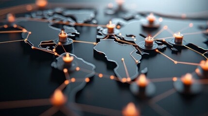Wall Mural - World map with glowing lines connecting different locations, representing the global reach of social media and its impact on communication and information sharing.