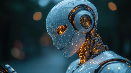 Poster - Close-up of a futuristic robot with glowing internal components, appearing thoughtful or pensive.