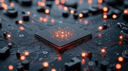 Wall Mural - Close up shot of a quantum chip with intricate circuitry and glowing pathways, representing the hardware behind quantum computing and its potential to revolutionize various fields.
