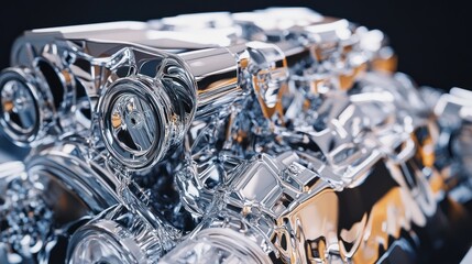 Poster - Close-up of a gleaming chrome car engine, showcasing intricate details and polished metal surfaces.