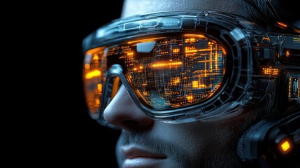 Fototapete - Close-up of a man wearing futuristic goggles with an illuminated circuit board reflection.
