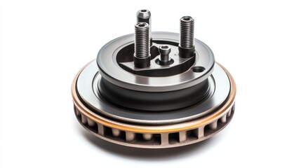 Poster - Close-up of a metallic automotive part with intricate details, isolated on white background.