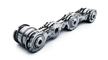 Poster - Close-up of a metallic chain drive system with gears and bearings, isolated on white background.