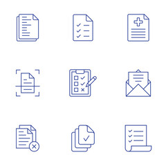 Document icons set. Thin Line style, editable stroke. paperwork, list, scan, check list, plagiarism, version, medical report, open