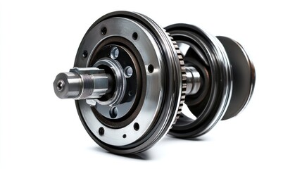 Poster - Close-up of a metallic industrial component with multiple gears, shafts, and plates, isolated on white background.