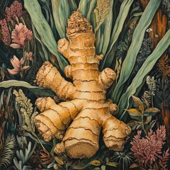 Wall Mural - Ginger root in vibrant botanical setting with lush greenery