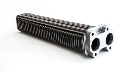 Poster - Close-up of a metallic industrial heat exchanger with parallel plates and two inlets.