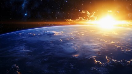 Wall Mural - the sun is setting over the planet earth, casting a warm glow over the blue sky. the clouds are scat