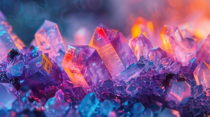 Aufkleber - Shimmering crystals with hues of purple, blue, and pink reflect soft light, creating a mesmerizing display that captures nature's beauty in a serene setting.