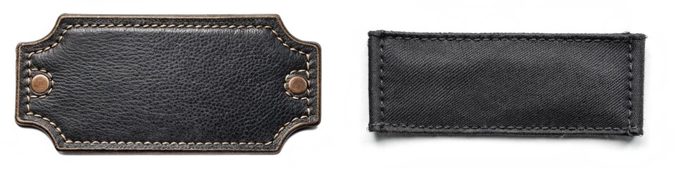 a black leather tag with a metal pin is shown next to a black patch of denim. the tag is rectangular