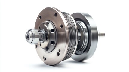 Poster - Close-up of a precision-engineered metal component, showcasing intricate details and metallic finish against a stark white background.