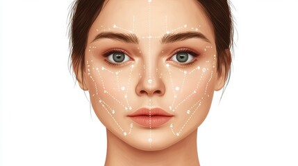 Poster - Illustration detailing Botox injection points on female face highlighting anatomy and treatment areas. Generative AI