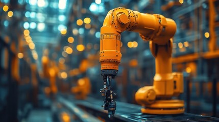 Fototapete - Close-up of a robotic arm working on an assembly line in a modern factory.