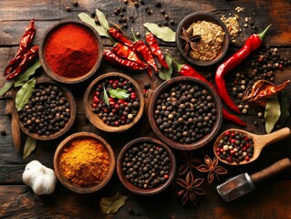 Wall Mural - Assorted spices and herbs on rustic wooden table with peppers and garlic