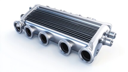 Poster - Close-up of a shiny, metallic, industrial heat exchanger with multiple inlets and outlets, isolated on a white background.